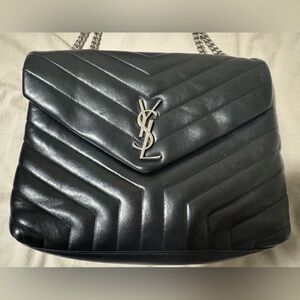 Saint Laurent Black Quilted Chevron Leather Shoulder Bag with Silver YSL Logo